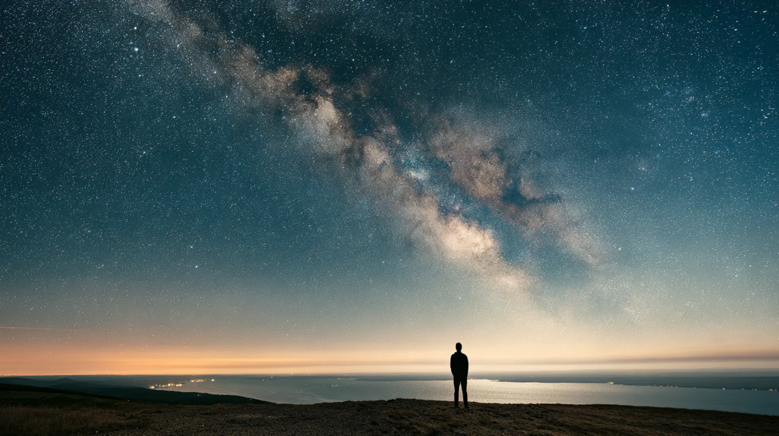 A lone figure beneath the Milky Way over a still Finger Lakes horizon near Ithaca, New York, awe and meaning in the face of mortality, therapy with Laurie Buehler, MFT